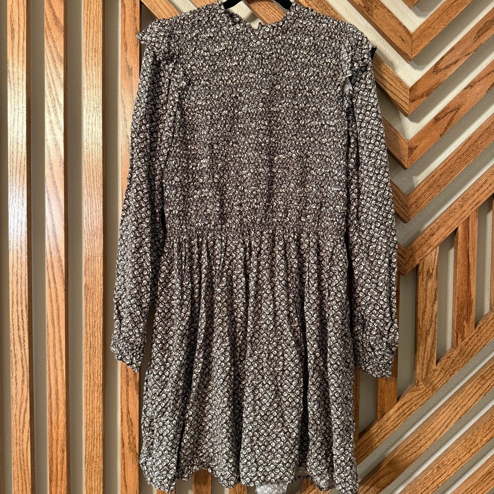 Dark Romantic GAP Brown Cream Floral Smocked Ruffle Mini Dress Large